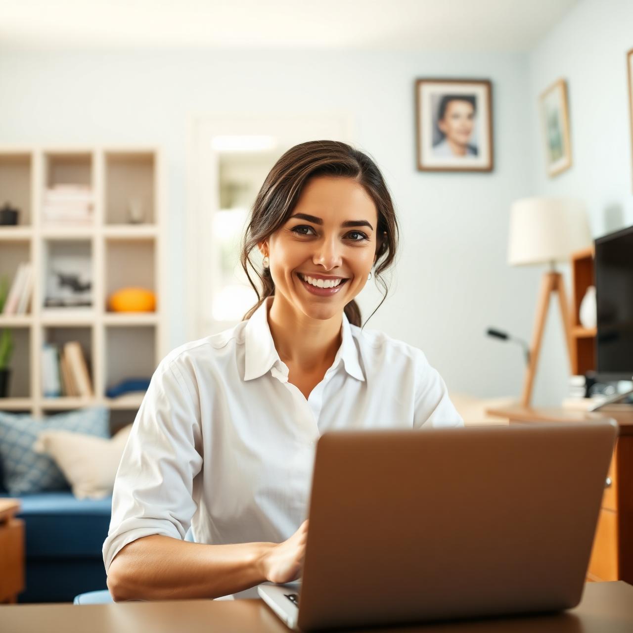 Psicóloga em atendimento online sorrindo durante videochamada